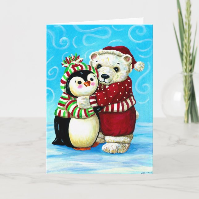 Cartes Pour Fêtes Annuelles Pingouin et Noël d'ours blanc (Devant)
