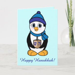 Cartes Pour Fêtes Annuelles Pingouin heureux et Dreidel de Hanoukka