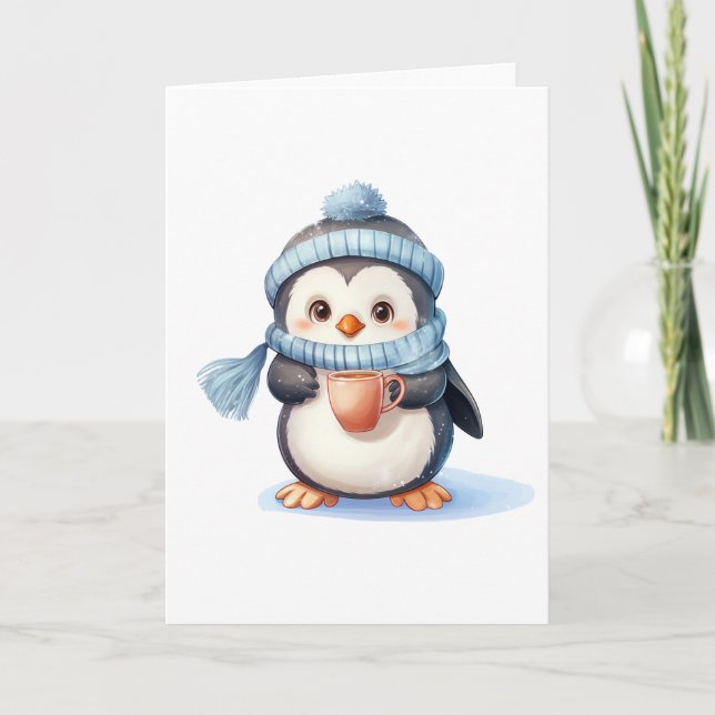 Cartes Pour Fêtes Annuelles Pingouin mignon avec vêtements d'hiver et COUPE BL (Devant)