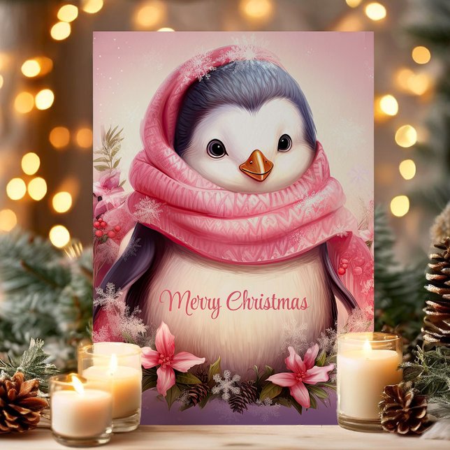 Cartes Pour Fêtes Annuelles Pingouin mignon en Pink Scarf Noël (Créateur téléchargé)