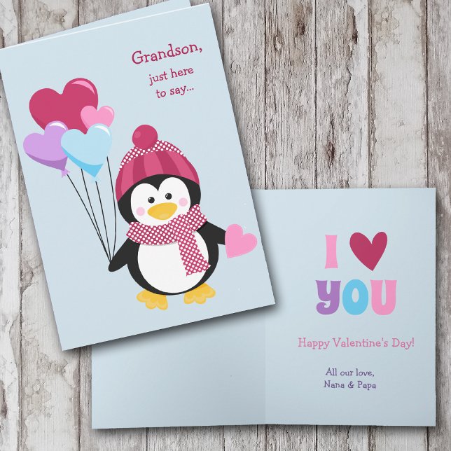 Cartes Pour Fêtes Annuelles Pingouin mignon et ballons Grandson Valentine (Créateur téléchargé)