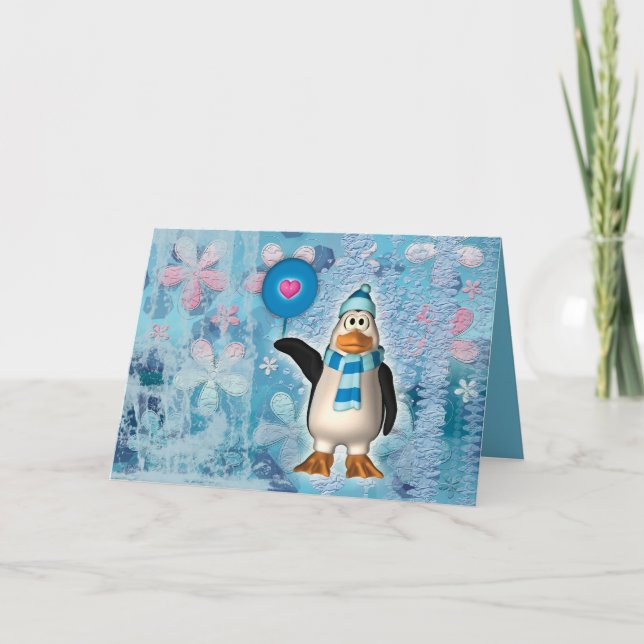 Cartes Pour Fêtes Annuelles Pingouin mignon pôle nord avec coeur (Devant)