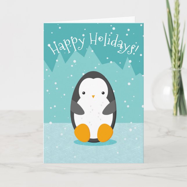Cartes Pour Fêtes Annuelles Pingouin mignon sur glace Bleu Noël d'hiver (Devant)