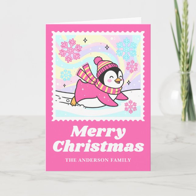 Cartes Pour Fêtes Annuelles Pingouin rose vif Timbre de Noël (Devant)