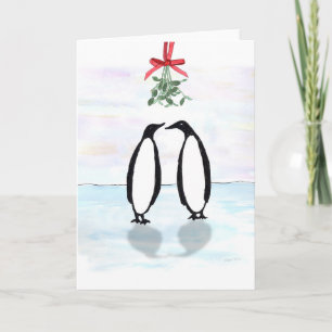 Cartes Pour Fêtes Annuelles Pingouins d'aquarelle avec le gui de vacances
