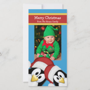 Cartes Pour Fêtes Annuelles Pingouins de Noël Personnalisés Bleu Et Rouge