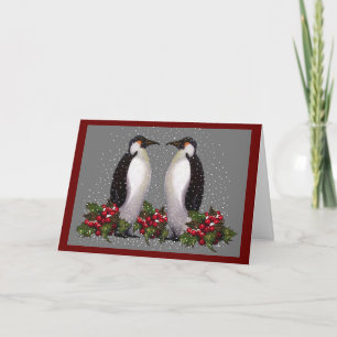 Cartes Pour Fêtes Annuelles Pingouins en neige : Couple Noël : Holly : Art
