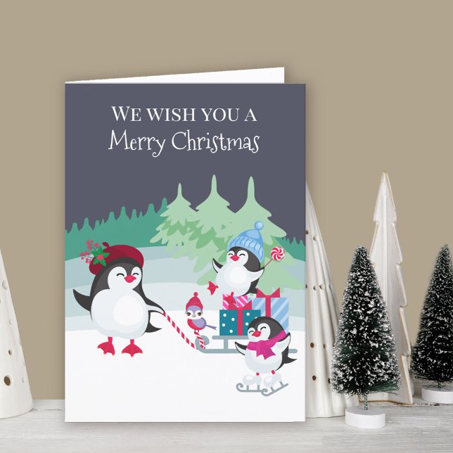 Cartes Pour Fêtes Annuelles Pingouins mignons dans la forêt de neige Joyeux No (Cute penguin Christmas Card. Buy professionally printed or as printable digital download.)