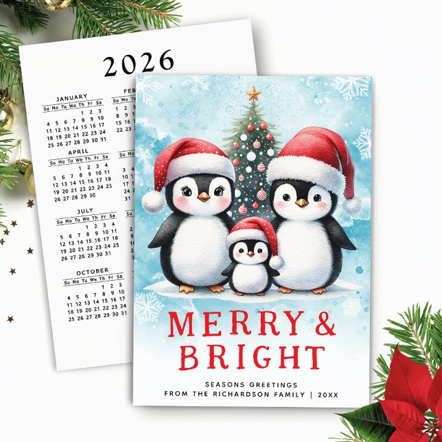 Cartes Pour Fêtes Annuelles Pingouins mignons Joyeux et bleu clair Noël rouge (Cute Penguins Family Christmas Card with Merry and Bright Greetings and 2026 Calendar)