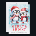Cartes Pour Fêtes Annuelles Pingouins mignons Joyeux Noël rouge et bleu clair<br><div class="desc">Laissez ces patineurs de pingouins mignons en chapeaux de Santa rouge, foulards et patins à silhouette vous aider à envoyer à vos proches les souhaits et salutations les plus chaleureux. Cette carte festive de Noël bleu et rouge avec le dicton "Merry & Bright" a un texte modèle où vous pouvez...</div>