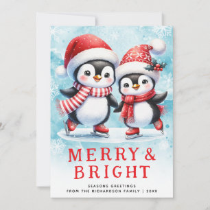 Cartes Pour Fêtes Annuelles Pingouins mignons Joyeux Noël rouge et bleu clair