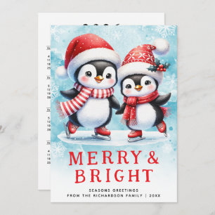 Cartes Pour Fêtes Annuelles Pingouins mignons Joyeux Noël rouge et bleu clair