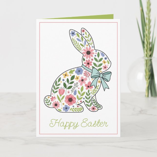 Cartes Pour Fêtes Annuelles Pink and Blue Wildflower Easter Rabbit (Devant)