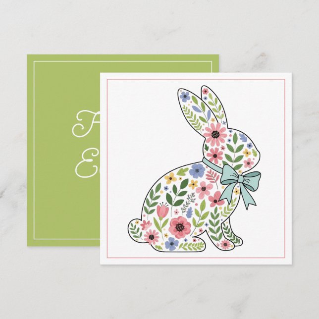 Cartes Pour Fêtes Annuelles Pink and Blue Wildflower Easter Rabbit (Devant / Derrière)