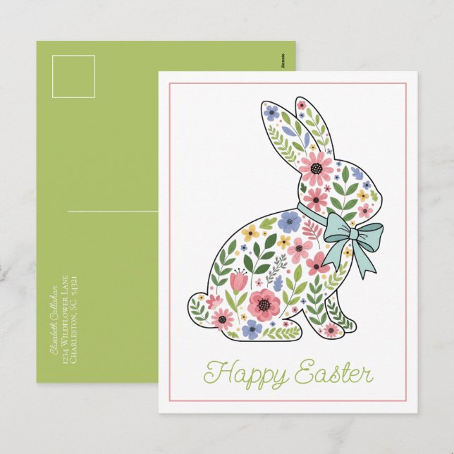 Cartes Pour Fêtes Annuelles Pink and Blue Wildflower Easter Rabbit (Devant / Derrière)