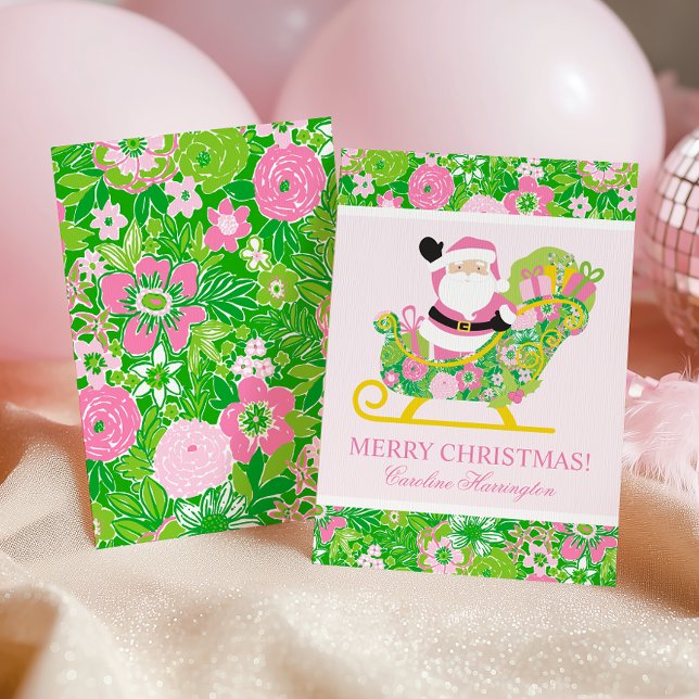 Cartes Pour Fêtes Annuelles Pink and Green Preppy Palm Beach Santa (Créateur téléchargé)