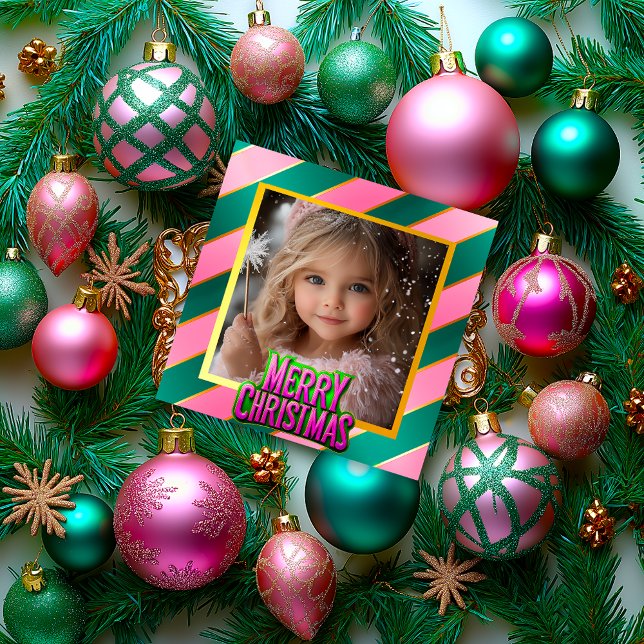 Cartes Pour Fêtes Annuelles Pink and Green Winter Wonderland Photo enchantée (Cute Pink and Green Merry Christmas Holiday Photo Card)