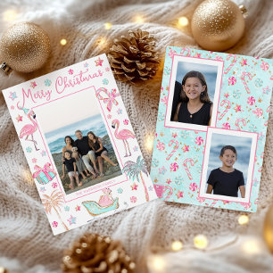 Cartes Pour Fêtes Annuelles Pink & Aqua Flamant rose Beach Photo de Noël