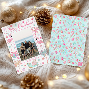 Cartes Pour Fêtes Annuelles Pink & Aqua Flamant rose Beach Photo de Noël