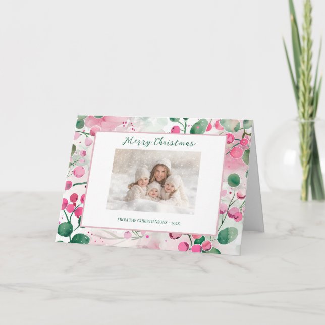 Cartes Pour Fêtes Annuelles Pink Berries Photo Floral Christmas Card (Devant)