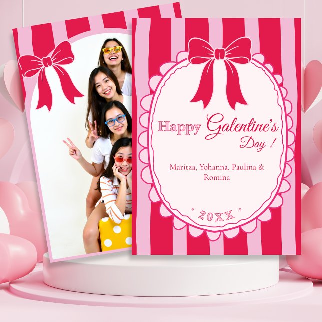 Cartes Pour Fêtes Annuelles Pink Bow Galentine’s Day with Custom Photo (Pink Bow Galentine’s Day with Custom Photo Holiday Card)
