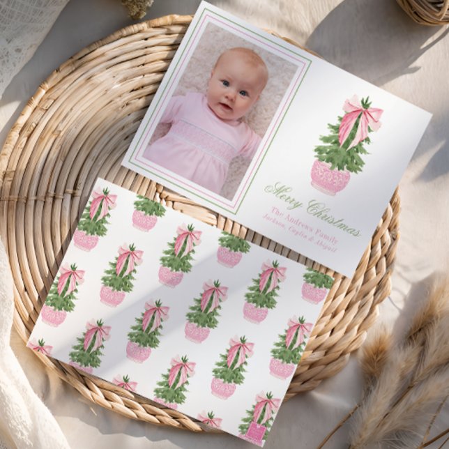 Cartes Pour Fêtes Annuelles Pink Bow Ginger Jar Christmas Tree Photo (Créateur téléchargé)