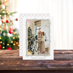 Cartes Pour Fêtes Annuelles Pink Bow Green Garland Photo de Noël