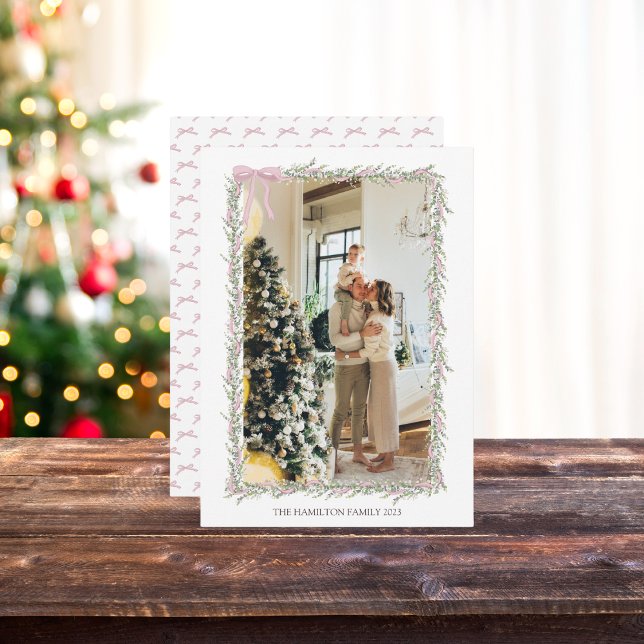 Cartes Pour Fêtes Annuelles Pink Bow Green Garland Photo de Noël (Créateur téléchargé)