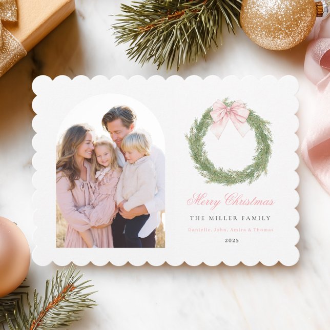 Cartes Pour Fêtes Annuelles Pink Bow Wreath Christmas (Créateur téléchargé)