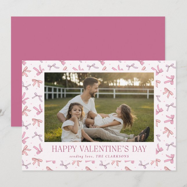 Cartes Pour Fêtes Annuelles Pink Bows One Photo Valentine’s Day Card (Devant / Derrière)