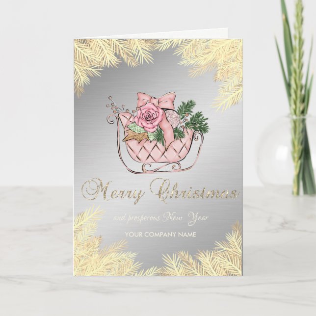 Cartes Pour Fêtes Annuelles Pink Christmas Sleigh, Gold Tree Branches (Devant)
