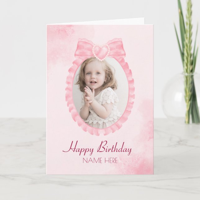 Cartes Pour Fêtes Annuelles Pink douce ruban arc girly photo Joyeux anniversai (Devant)