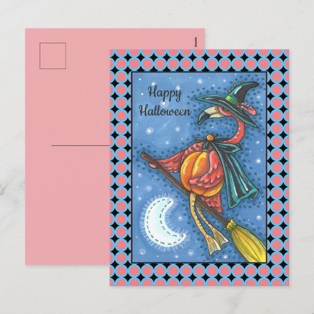 CARTES POUR FÊTES ANNUELLES PINK FLAMANT ROSE WITCH, VOL AU-DESSUS DE LA LUNE  (Devant / Derrière)