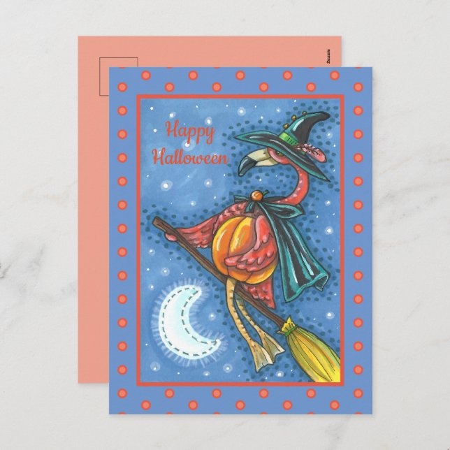 CARTES POUR FÊTES ANNUELLES PINK FLAMANT ROSE WITCH, VOL AU-DESSUS DE LA LUNE  (Devant / Derrière)