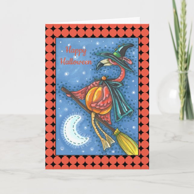 CARTES POUR FÊTES ANNUELLES PINK FLAMANT ROSE WITCH, VOL AU-DESSUS DE LA LUNE  (Devant)
