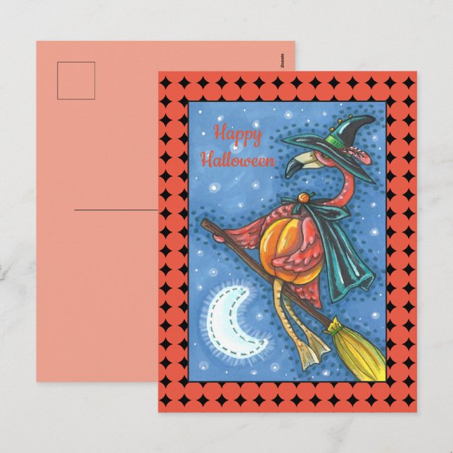 CARTES POUR FÊTES ANNUELLES PINK FLAMANT ROSE WITCH, VOL AU-DESSUS DE LA LUNE  (Devant / Derrière)