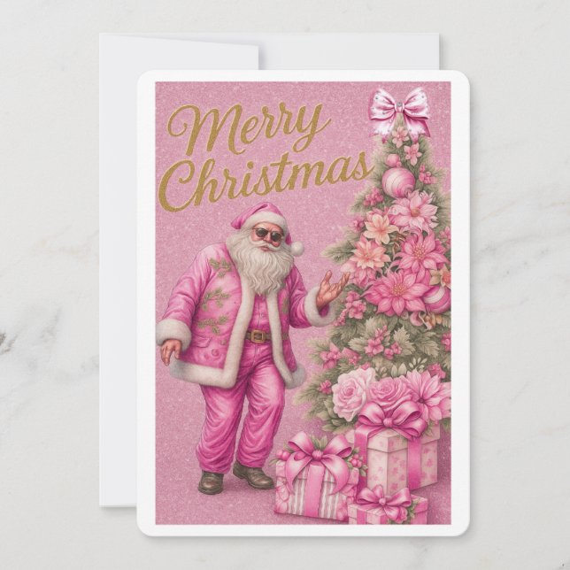 Cartes Pour Fêtes Annuelles Pink Glitter Santa & Christmas Tree Holiday Card (Devant)