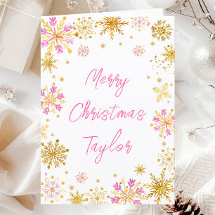 Cartes Pour Fêtes Annuelles Pink Gold Snowflakes Joyeux Noël avec nom