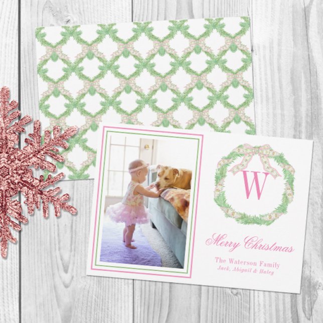 Cartes Pour Fêtes Annuelles Pink & Green Christmas Bow Wreath Monogramme photo (Créateur téléchargé)
