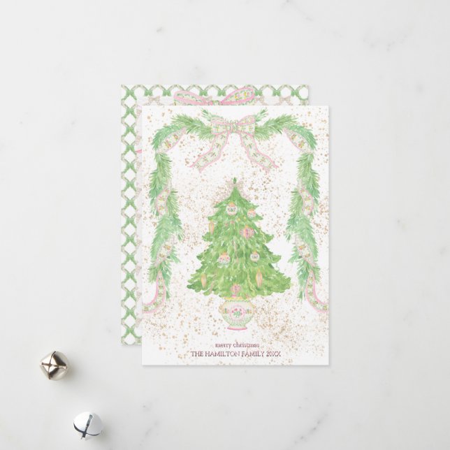 Cartes Pour Fêtes Annuelles Pink & Green Coquette Bow Preppy Noël (Devant/Arrière en situation)