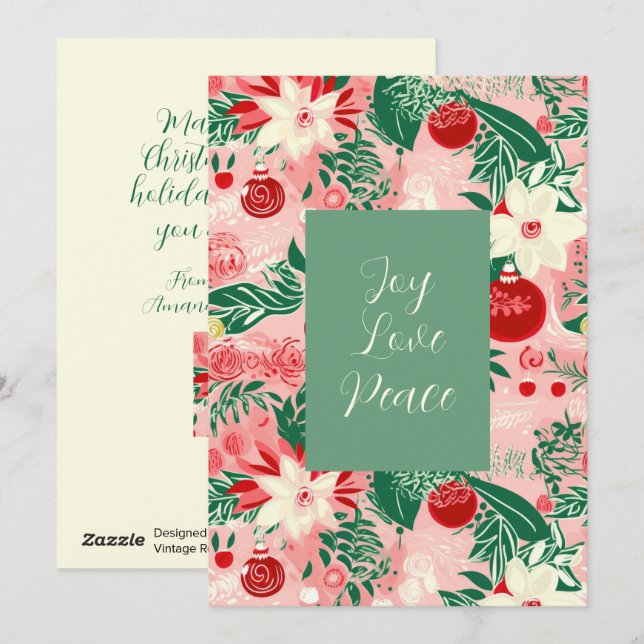 Cartes Pour Fêtes Annuelles Pink Green Joy Love Peace Floral Christmas Card (Devant / Derrière)