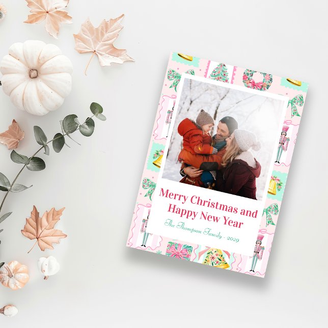 Cartes Pour Fêtes Annuelles Pink & Green Nutcracker Custom Christmas Photo  (Pink & Green Nutcracker Custom Christmas Photo Holiday Postcard)