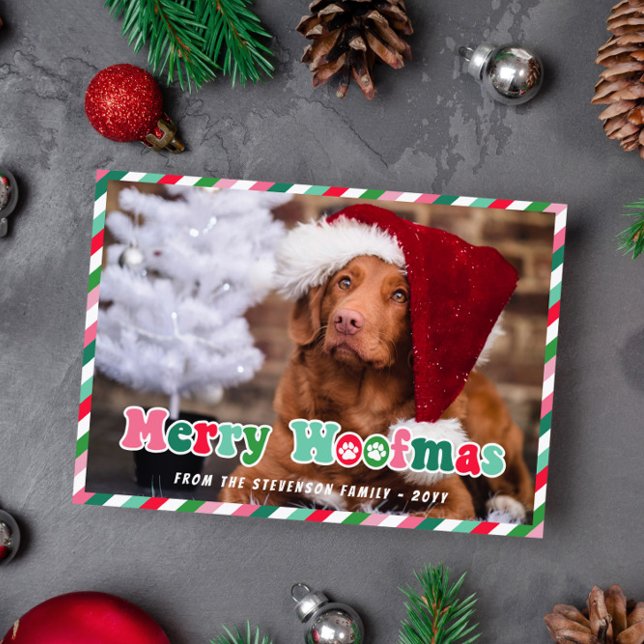 Cartes Pour Fêtes Annuelles Pink Green Red Retro Merry Woofmas Chien Noël (Créateur téléchargé)