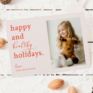 Cartes Pour Fêtes Annuelles Pink Happy and Healthy 2021 Holiday Photo