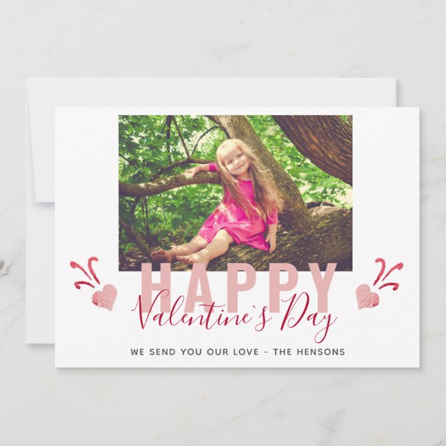 Cartes Pour Fêtes Annuelles Pink Heart Valentine`s Day Script Family Photo (Devant)