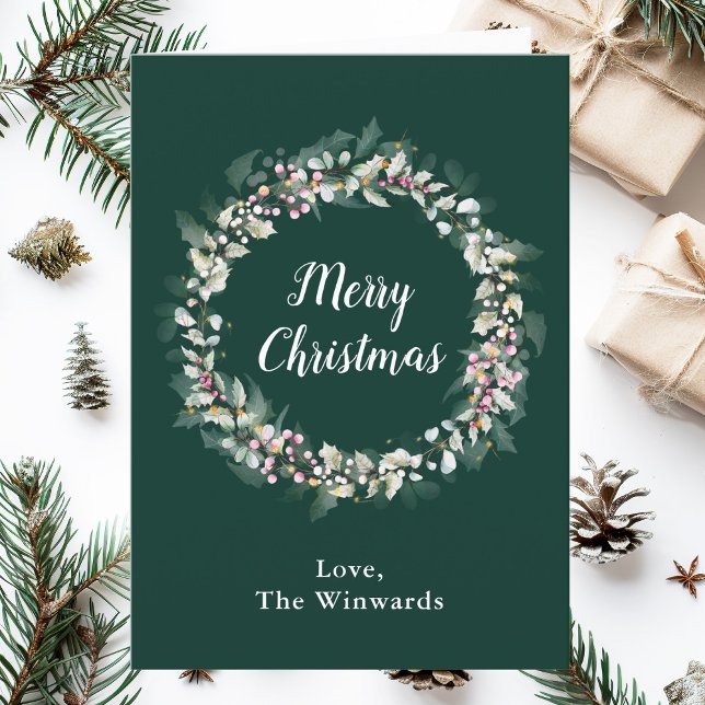 Cartes Pour Fêtes Annuelles Pink Holly Wreath Joyeux Noël (Créateur téléchargé)