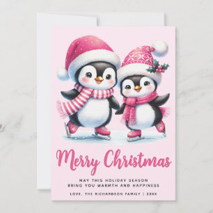 Cartes Pour Fêtes Annuelles Pink Joyeux Noël mignon patinage sur glace pingoui