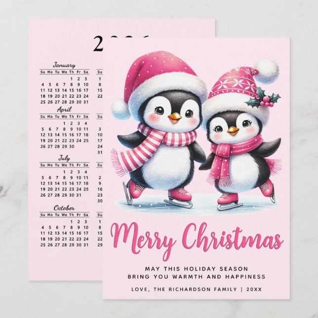 Cartes Pour Fêtes Annuelles Pink Joyeux Noël mignon patinage sur glace pingoui (Devant / Derrière)