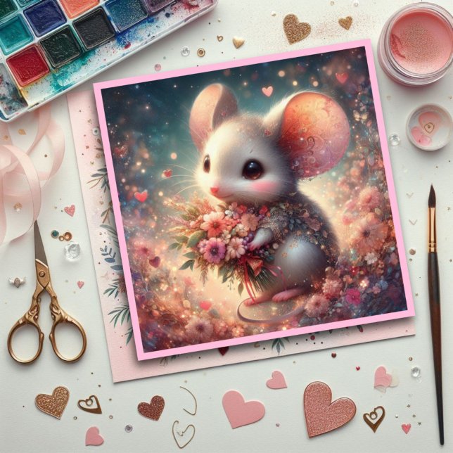 Cartes Pour Fêtes Annuelles Pink Love Heart Aquarelle Fleurs Souris Valentine (Créateur téléchargé)