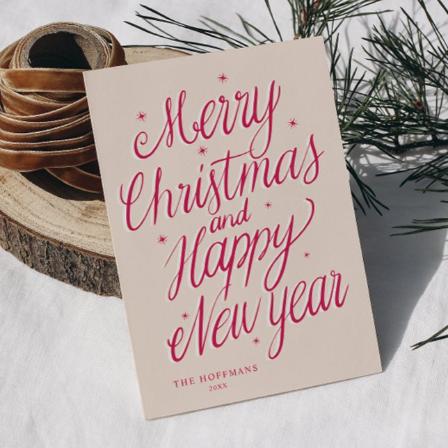 Cartes Pour Fêtes Annuelles Pink Merry Christmas and Happy New Year signature (Créateur téléchargé)